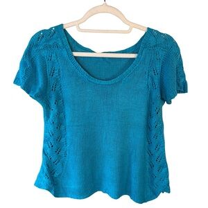 Artisan Handmade Teal Blue Knit Short Sleeve Top Size 6 S Boho Cottagecore